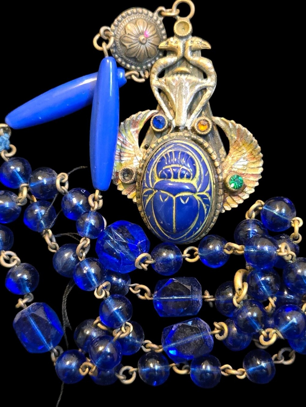 Egyptian Revival DECO Vtg NEIGER BROS Czech Blue GLASS Scarab PENDANT NECKLACE